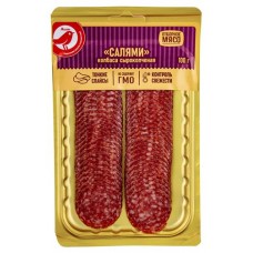 Колбаса сырокопченая АШАН Красная птица Салями в нарезке, 100 г (kastd) в магазинах Ашан