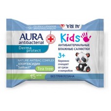 Влажные салфетки детские Aura antibacterial kids антибактериальные 3+, 15 шт (kastd) в магазинах Ашан