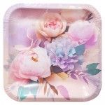 Тарелка одноразовая бумажная Квадрат Пионы 20х20 см, 6 шт (kastd)