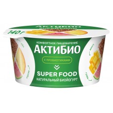 Йогурт АктиБио Super food с персиком манго гуавой семенами чиа амарантом и семенами льна 2,2% БЗМЖ 140 г (kastd) в магазинах Ашан
