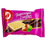 Конфеты АШАН Красная птица Вафельный сэндвич со сливочно-шоколадным вкусом и лесными орехами частично глазированный, вес (kastd)