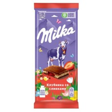 Шоколад Milka молочный с двухслойной начинкой клубника-сливки, 90 г (kastd) в магазинах Ашан