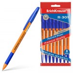 Ручка шариковая ErichKrause Orange Stick&Grip R-301 синяя 0,7 мм, 8 шт (kastd)