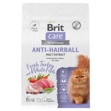 Сухой корм для взрослых кошек Brit Care с белой рыбой и индейкой Cat Anti-Hairball, 400 г (kastd) в магазинах Ашан