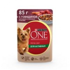 Влажный корм Purina ONE Mini для активных собак, с говядиной, картофелем и морковью, в подливе, 85 г в магазинах Дикси
