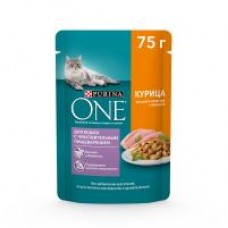 Влажный корм Purina ONE Sensitive для взрослых кошек, с курицей и морковью, в соусе, 75 г в магазинах Дикси