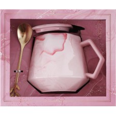 Кружка HOMECLUB Розовый мрамор с ложкой, 400мл, керамика, подарочная упаковка в магазинах Лента