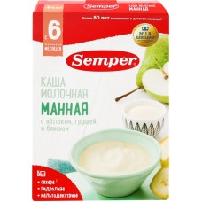 Каша манная SEMPER молочная с яблоком, грушей и бананом, с 6 месяцев, 180г в магазинах Лента