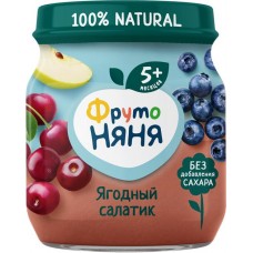 Пюре ягодно-фруктовое ФРУТОНЯНЯ Ягодный салатик Яблоко, черника и вишня, с 5 месяцев, 100г в магазинах Лента