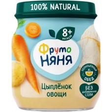 Пюре мясо-растительное ФРУТОНЯНЯ Цыпленок, рис, морковь, картофель и лук, с 8 месяцев, 100г в магазинах Лента
