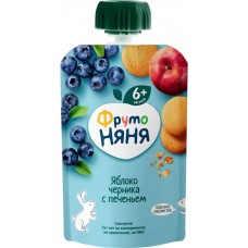Пюре фруктовое ФРУТОНЯНЯ Яблоко и черника, с печеньем, с 6 месяцев, 90г в магазинах Лента