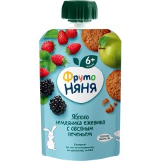 Пюре фруктово-ягодное ФРУТОНЯНЯ Яблоко, земляника и ежевика, с овсяным печеньем, с 6 месяцев, 90г в магазинах Лента