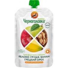 Пюре фруктовое ЧЕРНОГОЛОВКА Перекус Яблоко, груша и банан с грецким орехом, с 3 лет, 85г в магазинах Лента