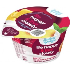 Йогурт МОЛОЧНАЯ КУЛЬТУРА Be happy&live slowly Персик, ананас, мята 2,7–3,5%, без змж, 180г в магазинах Лента