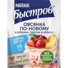 Каша овсяная БЫСТРОВ Овсянка По-новому, с клубникой, персиком, яблоком, семенами льна и отрубями, 35г в магазинах Лента