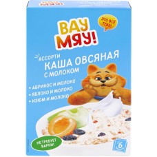 Каша овсяная ВАУ МЯУ Ассорти, молочная с абрикосом, молочная с яблоком, молочная с изюмом, 6х40г в магазинах Лента