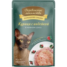 Корм консервированный для взрослых кошек ДЕРЕВЕНСКИЕ ЛАКОМСТВА Домашний обед Курица с индейкой в нежном соусе, для профилактики мочекаменной болезни, 85г в магазинах Лента