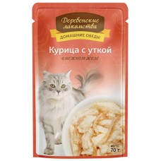 Корм консервированный для взрослых кошек ДЕРЕВЕНСКИЕ ЛАКОМСТВА курица с уткой в нежном желе, 70г в магазинах Лента