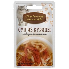 Корм консервированный для взрослых кошек ДЕРЕВЕНСКИЕ ЛАКОМСТВА суп из курицы с говядиной и шпинатом, 35г в магазинах Лента