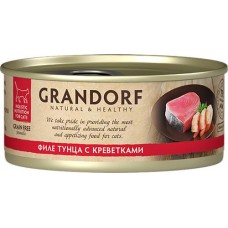 Корм консервированный для кошек GRANDORF Филе тунца с креветками, 70г в магазинах Лента