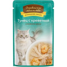 Корм консервированный для кошек ДЕРЕВЕНСКИЕ ЛАКОМСТВА тунец с креветкой в нежном желе, 70г в магазинах Лента