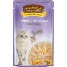 Корм консервированный для кошек ДЕРЕВЕНСКИЕ ЛАКОМСТВА Тунец с лососем в нежном желе, 70г в магазинах Лента