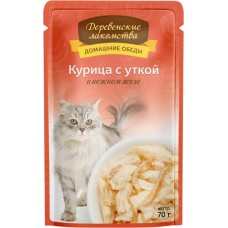 Корм консервированный для кошек ДЕРЕВЕНСКИЕ ЛАКОМСТВА курица с лососем в нежном желе, 70г в магазинах Лента