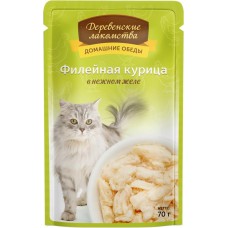 Корм консервированный для кошек ДЕРЕВЕНСКИЕ ЛАКОМСТВА филейная курица в нежном желе, 70г в магазинах Лента
