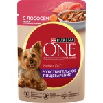Корм влажный для взрослых собак PURINA ONE Mini Чувствительная Лосось, рис и морковь в подливе, 85г Корм влажный для взрослых собак PURINA ONE Mini Чувствительная Лосось, рис и морковь в подливе, 85г