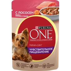 Корм влажный для взрослых собак PURINA ONE Mini Чувствительная Лосось, рис и морковь в подливе, 85г в магазинах Лента Корм влажный для взрослых собак PURINA ONE Mini Чувствительная Лосось, рис и морковь в подливе, 85г в магазинах Лента