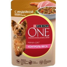 Корм влажный для взрослых собак PURINA ONE Mini Контроль веса Индейка, морковь, горох в подливе, 85г в магазинах Лента Корм влажный для взрослых собак PURINA ONE Mini Контроль веса Индейка, морковь, горох в подливе, 85г в магазинах Лента