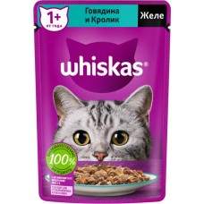 Корм консервированный для взрослых кошек WHISKAS желе с говядиной и кроликом, 75г в магазинах Лента