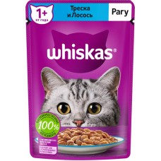 Корм консервированный для взрослых кошек WHISKAS рагу с треской и лососем, 75г в магазинах Лента