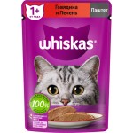 Корм консервированный для взрослых кошек WHISKAS паштет мясной с говядиной и печенью, полнорационный, 75г