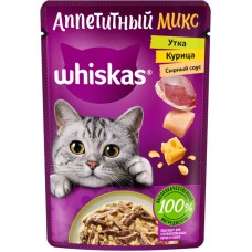 Корм консервированный для взрослых кошек WHISKAS Аппетитный микс Курица, утка в сырном соусе, 75г в магазинах Лента