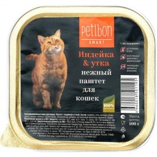 Корм консервированный для взрослых кошек PETIBON Паштет с индейкой и уткой, 100г в магазинах Лента