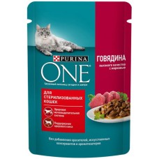 Корм влажный для взрослых кошек PURINA ONE Sterilised с говядиной и морковью в соусе, 75г в магазинах Лента