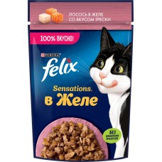 Корм влажный для взрослых кошек FELIX Sensations Лосось в желе со вкусом трески, 75г в магазинах Лента