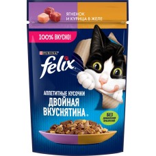 Корм влажный для взрослых кошек FELIX Двойная вкуснятина Ягненок и курица в желе, 75г в магазинах Лента