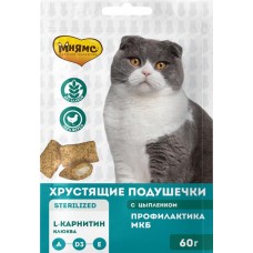 Лакомство для кошек МНЯМС Профилактика МКБ Хрустящие подушечки с цыпленком и клюквой, 60г в магазинах Лента