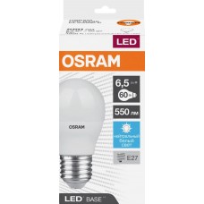 Лампа светодиодная OSRAM Base, 550лм, 6,5Вт, 4000К, нейтральный белый свет, E27 в магазинах Лента
