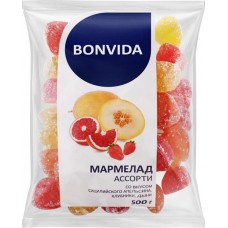 Мармелад желейно-формовой BONVIDA Ассорти со вкусом сицилийского апельсина, клубники, дыни, 500г в магазинах Лента
