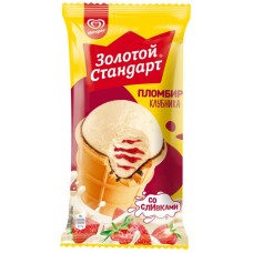 Мороженое ЗОЛОТОЙ СТАНДАРТ Пломбир клубника, без змж, вафельный стаканчик, 85г в магазинах Лента