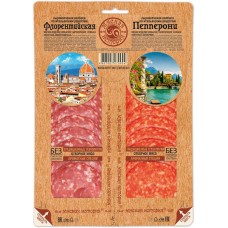 Колбаса сырокопченая МЯСНАЯ ИСТОРИЯ Флорентийская и Пепперони, нарезка, 2x50г в магазинах Лента