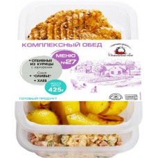 Комплексный обед №27 ДОМАШНИЙ ОЧАГ Отбивные из курицы, картофель зарумяненный, салат оливье, хлеб, 425г в магазинах Лента
