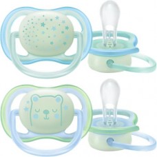 Пустышка для мальчика PHILIPS AVENT Ultra Air ночная, с 0 до 6 месяцев, Арт. SCF376/11, 2шт в магазинах Лента