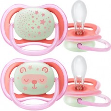 Пустышка для девочки PHILIPS AVENT Ultra Air ночная, с 6 до 18 месяцев, Арт. SCF376/22, 2шт в магазинах Лента