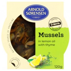 Мидии ARNOLD SORENSEN Mytilus edulis с тимьяном и лимонным маслом, 120г в магазинах Лента