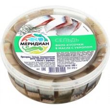Сельдь МЕРИДИАН филе-кусочки в масле с укропом, 480г в магазинах Лента