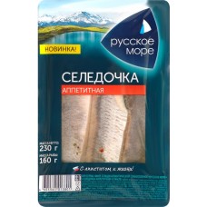 Сельдь Атлантическая слабосоленая РУССКОЕ МОРЕ Селедочка аппетитная, филе в масле, 230г в магазинах Лента